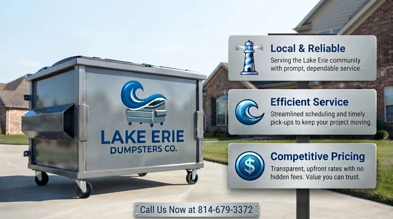 Why choose Lake Erie Dumpsters Co: local and reliable, efficient service, competitive pricing